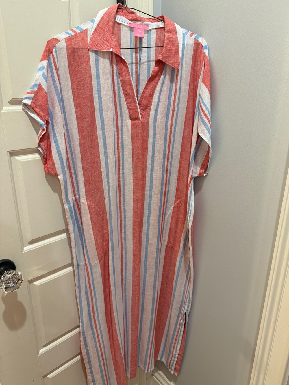 Red, White & Blue Striped Collared Maxi coverup